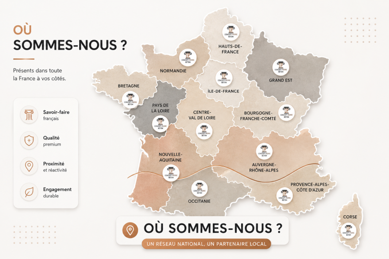 Présent partout en France, Concept Pierre conçoit des réalisations haut de gamme autour de l'imitation fausse pierre, ravalement de façade et roches artificielles. Notre réseau national nous permet d’assurer proximité, exigence technique et accompagnement